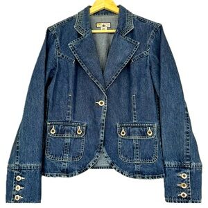 Caribbean Joe Blue Denim Jean Jacket Single Button Blazer Jacket Sz L